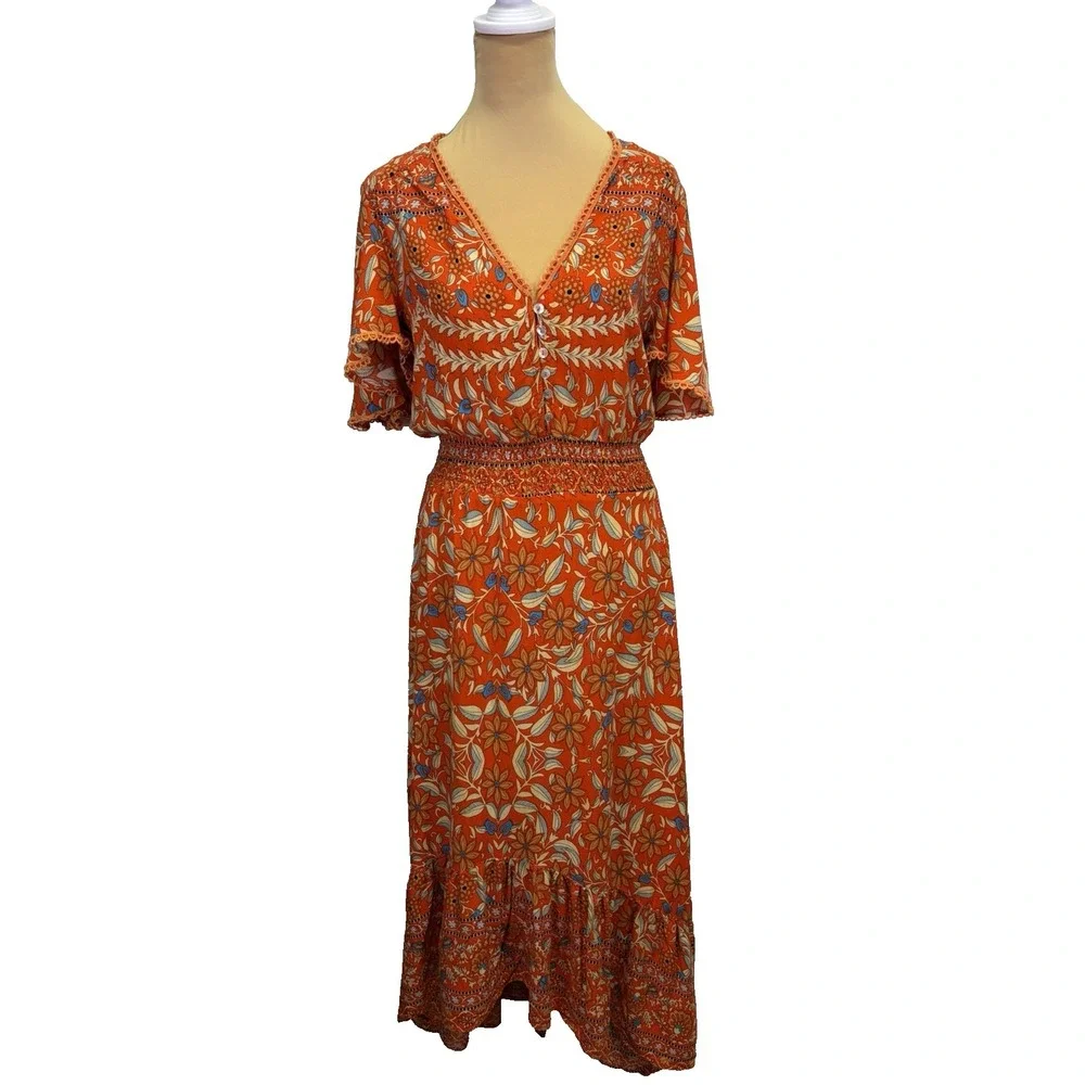 Petal & Pup Woman's Dress Size M Orange Floral Boho Bohemian Cottagecore Smocked